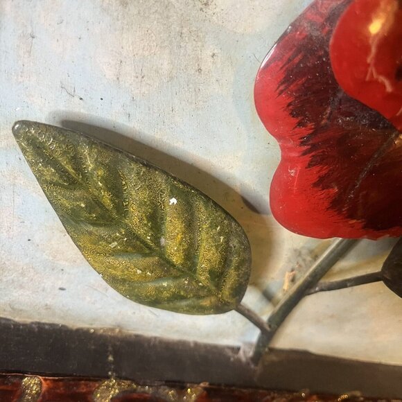 Large Bronze Metal Red Floral Wall Art Enamel Modern Leaf Country Decor 20"x20" - Picture 6 of 7